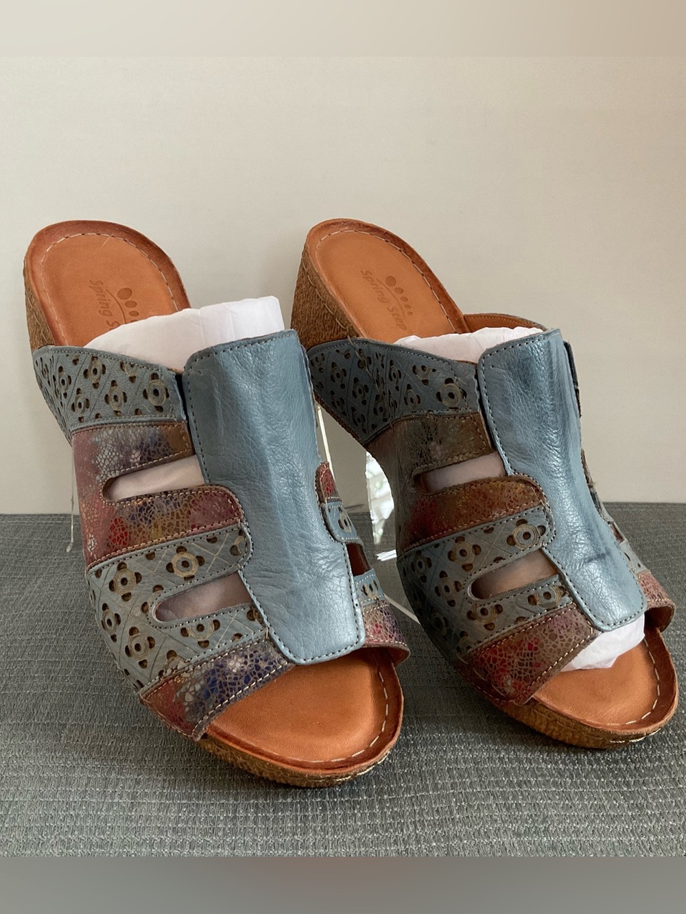 Spring Step Blue Multicolor Wedge Slip-in Sandals Size 39